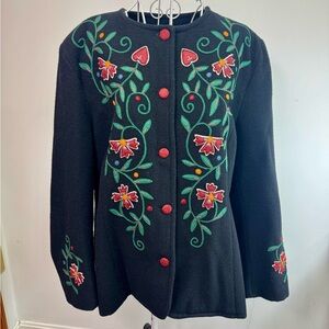 Vintage Floral and Vine Embroidery Black Button Up Jacket, Large.